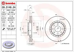 Диск гальмівний передній вентильований Opel Astra F, Vectra A 81-25р Brembo (09.5148.24) - мініатюра 2