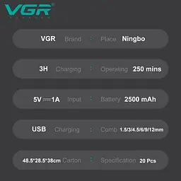 Машинка для стрижки VGR V-003 Turbo режим 9000 RPM керамічне лезо (6 насадок) Зелений - мініатюра 6