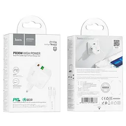 Адаптер мережевий HOCO Type-C to Lightning Cable Lucky dual-port charger set C111A |1USB/1Type-C, 30W/3A, PD/QC| - мініатюра 2