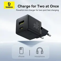 МЗП Baseus Palm Fast Charger Type-C+USB 30W с Cable Type-C to Type-C 60W 20V/3A 1m P1011160A113-01 Black - мініатюра 8