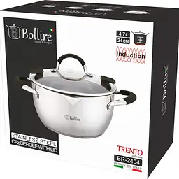 Каструля з кришкою Bollire Trento, зі зливом, срібляста, 24 см, 4,7 л (BR-2404) - мініатюра 3