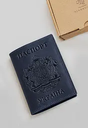 Шкіряна обкладинка для паспорта з українським гербом синя