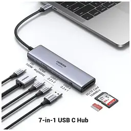 Концентратор Ugreen USB-C 7-in-1 2xUSB 3.0 + 2xUSB-C + HDMI 4K60Hz + SD/TF + PD 100W (45521) - мініатюра 3