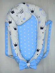 Позиціонер для новонародженого кокон, babynest з ручками, зі знімним дном + подушка BST Корона Блакитний