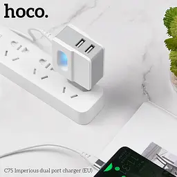 Зарядний пристрій із вбудованим кабелем Type-C — HOCO C75 + 2 USB-виходи біле - мініатюра 6