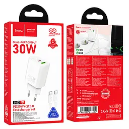 МЗП Hoco N63 Gentle PD30W+QC3.0 (1USB-A/1C) + кабель Type-C to Type-C White - мініатюра 6