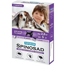 Таблетки для тварин Superium Spinosad від бліх для кішок і собак вагою 2.5-5 кг (4823089337791)