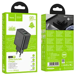Мережевий зарядний пристрій Hoco N50 USB/2 Type-C PD 45W чорний - мініатюра 7