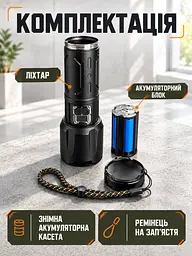 Ручний акумуляторний ліхтар із ZOOM та Power Bank для авто і дому чорний (37261572) - мініатюра 6