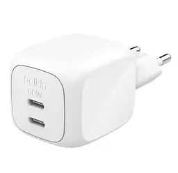 Мережевий зарядний пристрій 2×USB-C GaN PD PPS Belkin 50 W Dual USB-C White