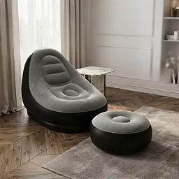 Надувне крісло диван 2в1 з пуфиком для ніг A-Sofa із вінілу з флокованим покриттям Крісло вінілове для відпочинку вдома саду максимальне навантаження до 150 кг Чорний з сірим
