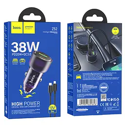 Адаптер автомобільний Hoco Type-C to Lightnig Cable Spacious Car charger set Z52 |1USB/1Type-C, 38W/3A, PD/QC| - мініатюра 2
