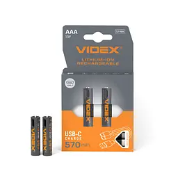 Акумулятор VIDEX Li-ion LIR03C/AAA USB-C 1.5V (захист) 570mAh 2pcs/Pack VIDEX (29289-000)