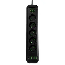 Мережевий фільтр-подовжувач 5 розеток 3xUSB-A 1xUSB-C 3м чорний подовжувач електричний живлення зарядка Yiwu HP-5-42