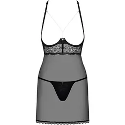 Прозора сорочка з відкритими грудьми Obsessive Pearlove chemise & Thong Black S/M, трусики - мініатюра 3