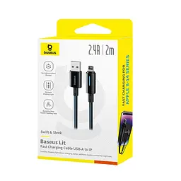 Кабель Baseus Lit Button-Control Fast Charging Data Cable USB-A to iP 2.4A 2m Black - мініатюра 2