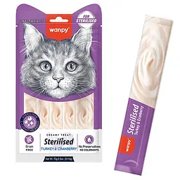Рідкі ласощі для стерилізованих котів Wanpy Creamy Sterilized Turkey&Cranberry Ванпі з індичкою та журавлиною 5 шт по 14 г
