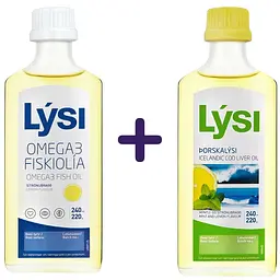 Набір: Омега-3 Lysi жирні кислоти EPA/DHA у рідині зі смаком лимона 240 мл + Омега-3 Lysi риб'ячий жир з печінки тріски з вітамінами A, D, E зі смаком лимона та м'яти 240 мл