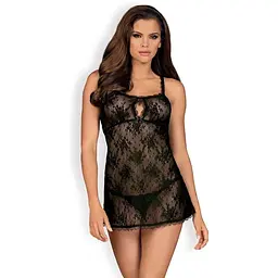 Пеньюар та трусики-стрінги Obsessive Behindy L/XL чорний