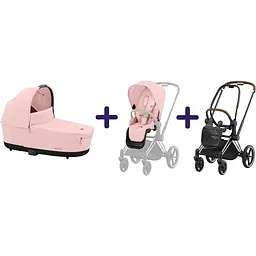 Люлька Cybex Priam Lux Peach Pink + Текстиль для прогулянкового блоку Cybex Priam Peach Pink + Шасі Cybex Priam з каркасом LS RBA Chrome Brown