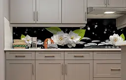 Вініловий кухонний фартух Білі квіти на камінні наклейка для кухні ПВХ Чорний 60х300 см Happy Pocket Z181433 - мініатюра 4