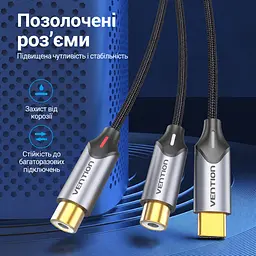Аудіокабель-перехідник Vention 1,5 м тюльпани зі штекера USB-C на 2 гнізда RCA із вбудованим ЦАП у бавовняному обплетенні для підключення до гнізд RCA потрібен додатковий стереокабель RCA зі штекерами на обох кінцях сірий (BGVHG) - мініатюра 8