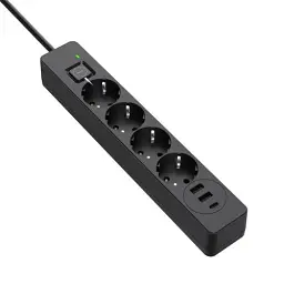 Фільтр мережевий ColorWay, 4 розетки, 2 м, Black, 1xType-C (20 Вт, PD3.0), 2xUSB (18 Вт, QC3.0), дріт з міді (до 2300 Вт), 10A (CW-CHE432PDB)