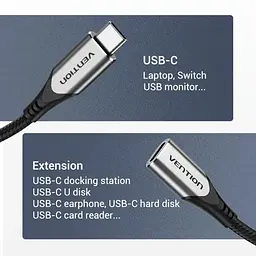 Кабель подовжувач Vention Thunderbolt 3 — USB 3.1 Type-C M-F (60W 20V 3A) 4K 60HZ 1 метр - мініатюра 5