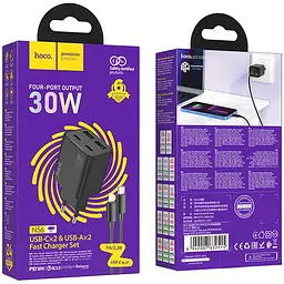 МЗП Hoco N56 Fundador PD30W four-port (2USB-A/2C) + кабель Type-C to Lightning Black - мініатюра 6