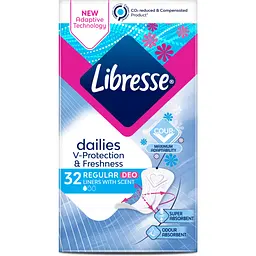 Прокладки щоденні гігієнічні Libresse Regular Deo Dailies V-Protection & Freshness 32 шт. у подарунок при покупці обраних товарів Libresse від двох одиниць