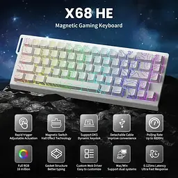 Ігрова магнітна клавіатура ATTACK SHARK X68 HE,RGB,Rapid Trigger, Білий - мініатюра 3