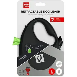 Повідець-рулетка для собак Waudog R-leash з контейнером для пакетів, світловідбивна стрічка, L, до 40 кг, 5 м, чорний - мініатюра 6