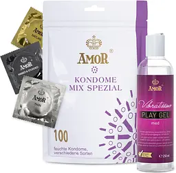 Презервативи та лубрикант - Amor Set Mix Condom, 100 шт. and Vibratissimo Play Gel Med, 250 мл