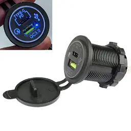 Гніздо під штекер прикурювача врізне з кришкою 1 USB 1 Type-C QC 3.0 PD DC 12-24V 5V Підсвічування Синє (A93B)