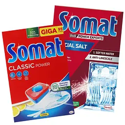 Набір Somat таблетки для посудомийної машини Lemon Classic power 95 шт. + сіль для посудомийних машин Потрійна дія 1.5 кг