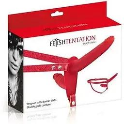 Подвійний страпон Fetish Tentation Strap-On With Double Dildo Red - мініатюра 2