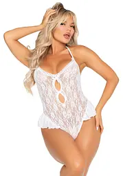 Боді з відкритою спиною та рюшами на стегнах Leg Avenue Lace Floral Lace Halter Teddy One Size, White - мініатюра 1