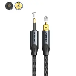 Оптический аудиокабель Vention 1 м тослинк S/PDIF штекер Toslink к штекеру Mini Toslink 3,5 мм наружный диаметр кабеля 4,5 мм оболочка PVC с хлопковой оплёткой чёрный с золотистыми частями штекеров (BKCBF)