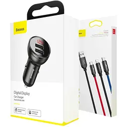 Автомобільний зарядний пристрій Baseus Digital Display Dual USB 24W 3-in-1 Gray (TZCCBX-0G) [169694] - мініатюра 6
