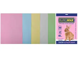 Папір кольоровий BUROMAX 50 аркушів А4, 80г/м2, PASTEL, 5цв.,