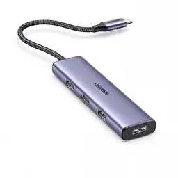 USB-C хаб для периферії UGREEN CM473 концентратор вхід USB-C для хоста та 4 вихідні порти USB-A 3.0 передавання даних до 5 Гбіт/с вбудований кабель 0,2 м кабель в обплетенні без окремого порту живлення для телефонів і планшетів із USB-C та підтримкою OTG одночасна робота всіх 4 портів працює без встановлення драйверів сумісність із ОС Windows Mac OS і Linux корпус космічного сірого кольору з чорним кабелем і чорними деталями (20841)