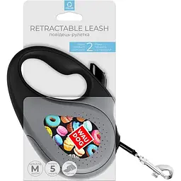 Повідець-рулетка для собак Waudog R-leash Пончики, світловідбиваючий, M, до 25 кг, 5 м, чорний - мініатюра 3