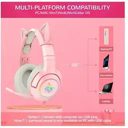 Навушники з вушками Onikuma Gaming Cat Ear K9 7.1 рожеві з підсвічуванням - мініатюра 2