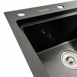 Кухонна мийка чорна PVD 78x43 L Platinum Handmade (два отвори, круглий сифон 3,0/0,8), Чорний - мініатюра 5