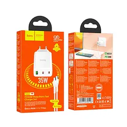 Мережевий зарядний пристрій Hoco N33 USB/2 Type-C PD 35W білий + кабель Type-C to Type-C - мініатюра 6