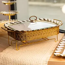 Мармітниця порцелянова Yiwu Tiffany 2 л квадратна зі скляною кришкою на металевій підставці 38х30х7 см з підігрівом для перших страв SX42-3 - мініатюра 2