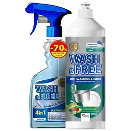Набір WASH & FREE Засіб д/миття посуду Алое вера 1л + Засіб для миття скла та дзеркал 500мл