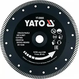 Диск відрізний алмазний по гресу склу кераміці YATO Ø=230x2x10x22.2 мм (YT-59975)