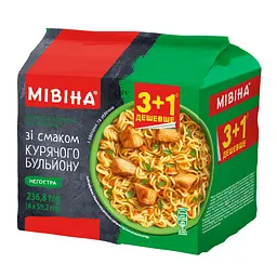 Уцінка. Набір: Вермішель швидкого приготування Мівіна зі смаком курячого бульйону з овочами та зеленню, негостра (4 шт. х 59.2 г) 236.8 г 