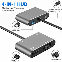 Концентратор Qukam Type-C 4 в 1 адаптер type-c 3.0 до 4K HDMI HDTV VGA USB 3.0 PD розгалужувач швидкої зарядки Серый - мініатюра 3